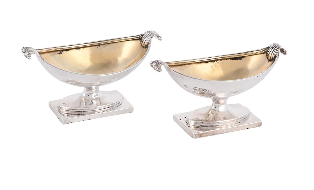 A PAIR OF VICTORIAN SILVER BRITANNIA STANDARD NAVETTE SALTS (1 of 2)