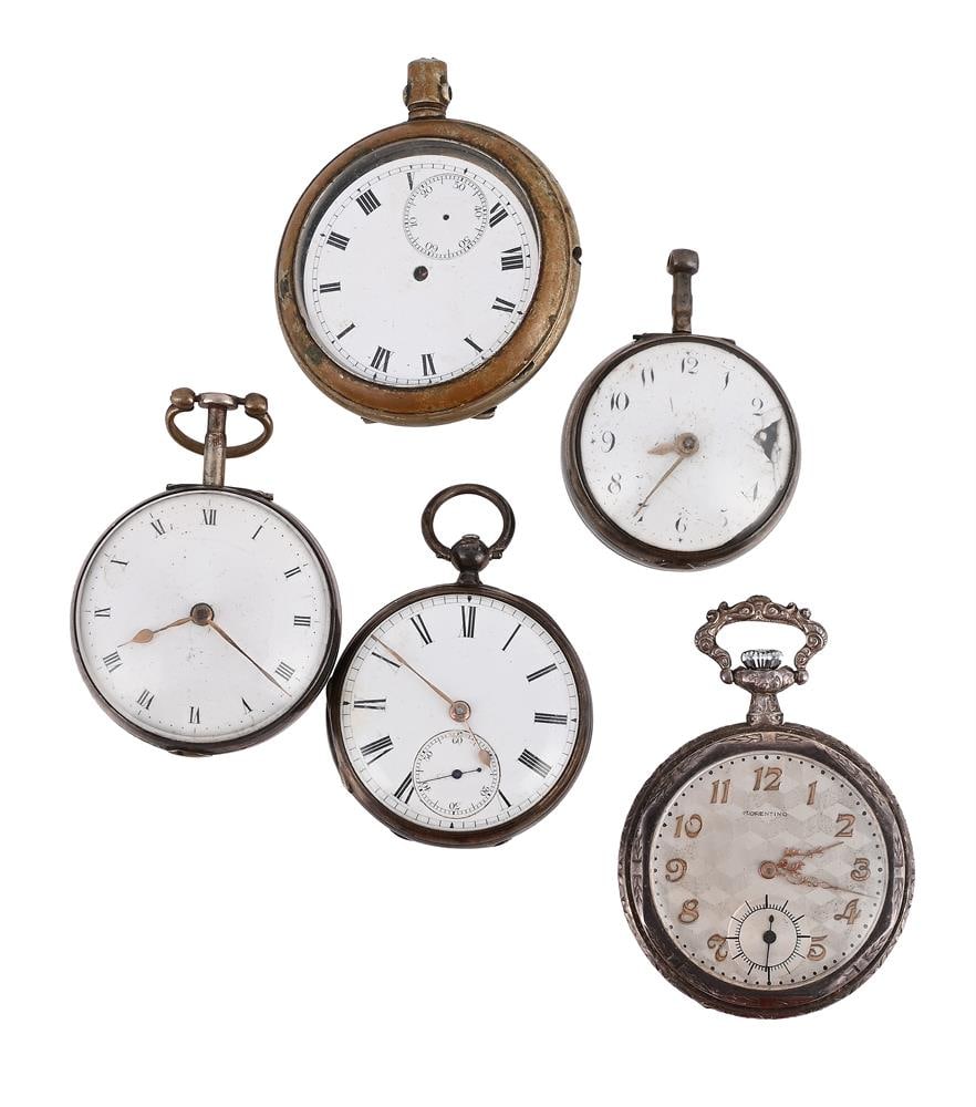 THREE SILVER OPEN FACE POCKET WATCHES AND TWO WHITE METAL EXAMPLES: THREE SILVER OPEN FACE POCKET WATCHES AND TWO WHITE METAL EXAMPLES