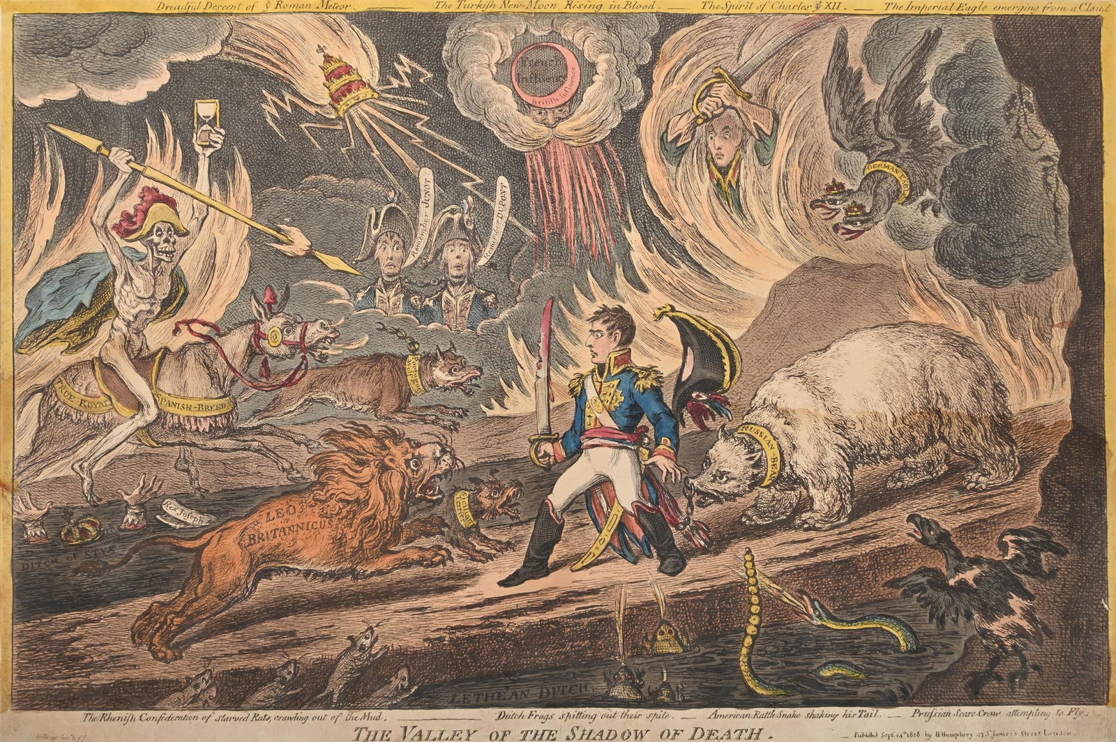 JAMES GILLRAY (BRITISH 1756-1851), THE VALLEY OF THE SHADOW OF DEATH: JAMES GILLRAY (BRITISH 1756-1851) THE VALLEY OF THE SHADOW OF DEATHEtching and aquatint with original hand-colouringPublished by Hannah Humphrey, 1808Sheet: 27 x 39cm (10½ x 15¼ in.)