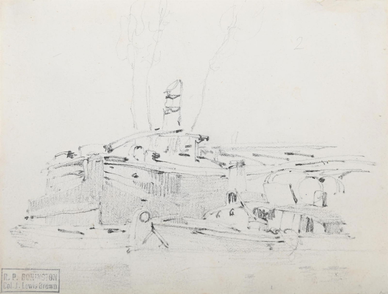 CIRCLE OF RICHARD PARKES BONINGTON (BRITISH 1802-1828), BARGES: CIRCLE OF RICHARD PARKES BONINGTON (BRITISH 1802-1828)BARGESPencilWith Col. J. Lewis Brown collector's stamp (lower left)10.5 x 13.5cm (4 x 5¼ in.)Provenance:John Lewis Brown, a gift from the art