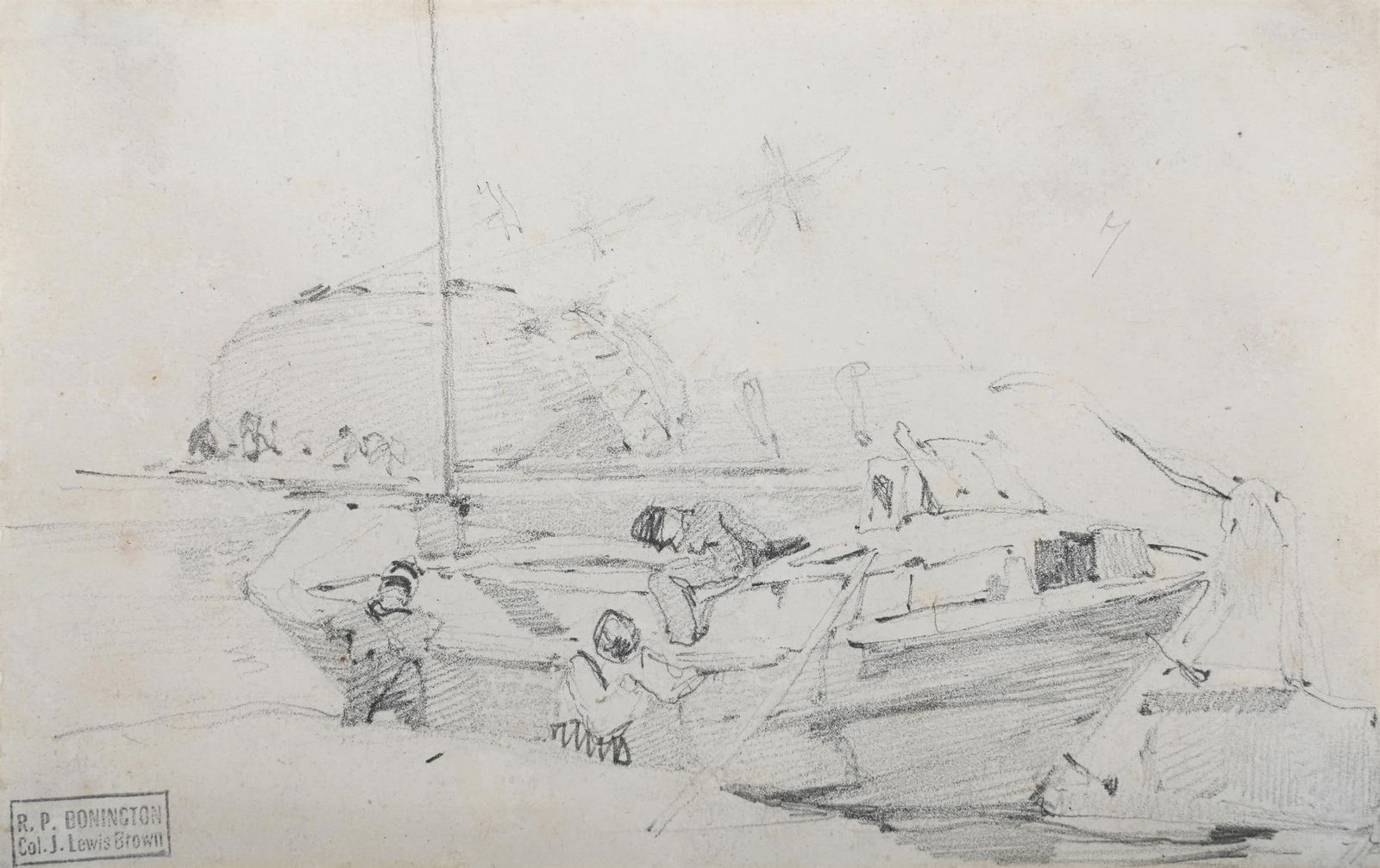 CIRCLE OF RICHARD PARKES BONINGTON (BRITISH 1802-1828), UNLOADING A BARGE: CIRCLE OF RICHARD PARKES BONINGTON (BRITISH 1802-1828)UNLOADING A BARGEPencilWith Col. J. Lewis Brown's collector's stamp (lower left)11.5 x 17.5cm (4½ x 6¾ in.)Provenance:John Lewis Brown,
