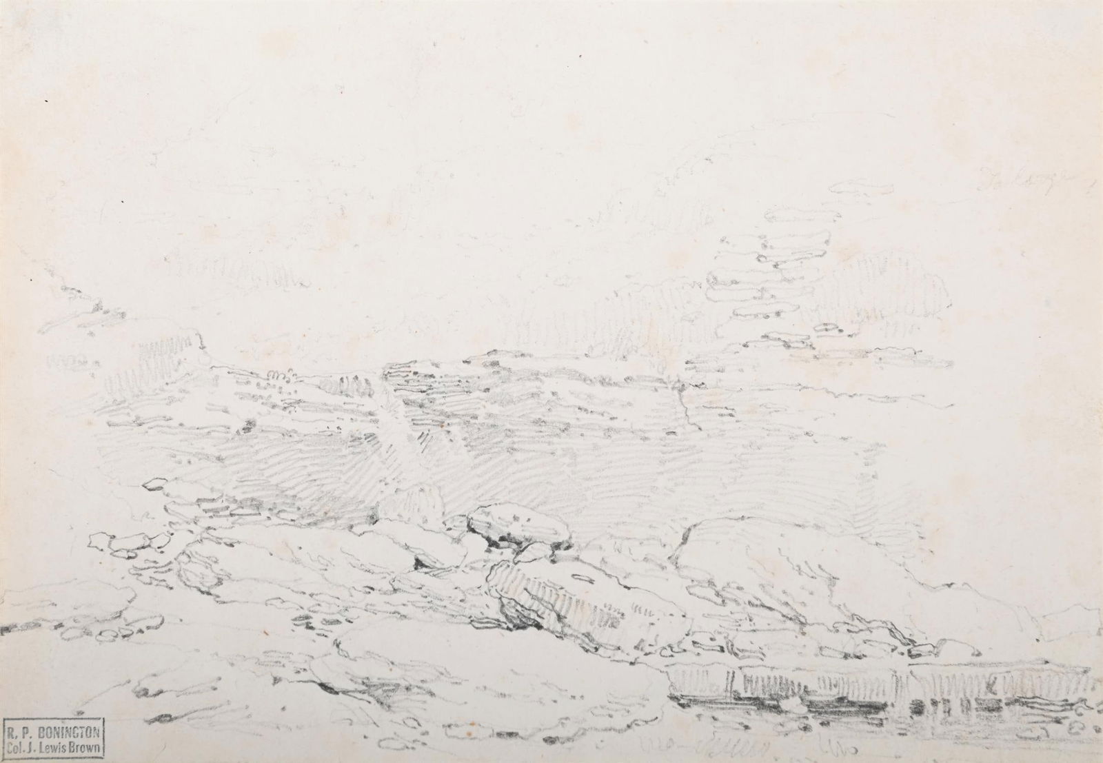 CIRCLE OF RICHARD PARKES BONINGTON (BRITISH 1802-1828), STUDY OF ROCKS AND WATER: CIRCLE OF RICHARD PARKES BONINGTON (BRITISH 1802-1828) STUDY OF ROCKS AND WATERPencilWith Col. J. Lewis Brown collector's stamp (lower left)15 x 21.5cm (5¾ x 8¼ in.)Provenance:John Lewis Bro