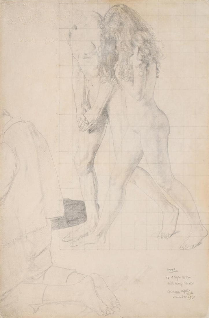 SIR WILLIAM ORPEN (BRITISH 1878-1931), STUDY FOR THE HOLY WELL: A NUDE COUPLE AND A KNEELING MAN: SIR WILLIAM ORPEN (BRITISH 1878-1931)STUDY FOR THE HOLY WELL: A NUDE COUPLE AND A KNEELING MANPencil and black chalk, partially squared for transferSigned (lower left), further signed, dated December