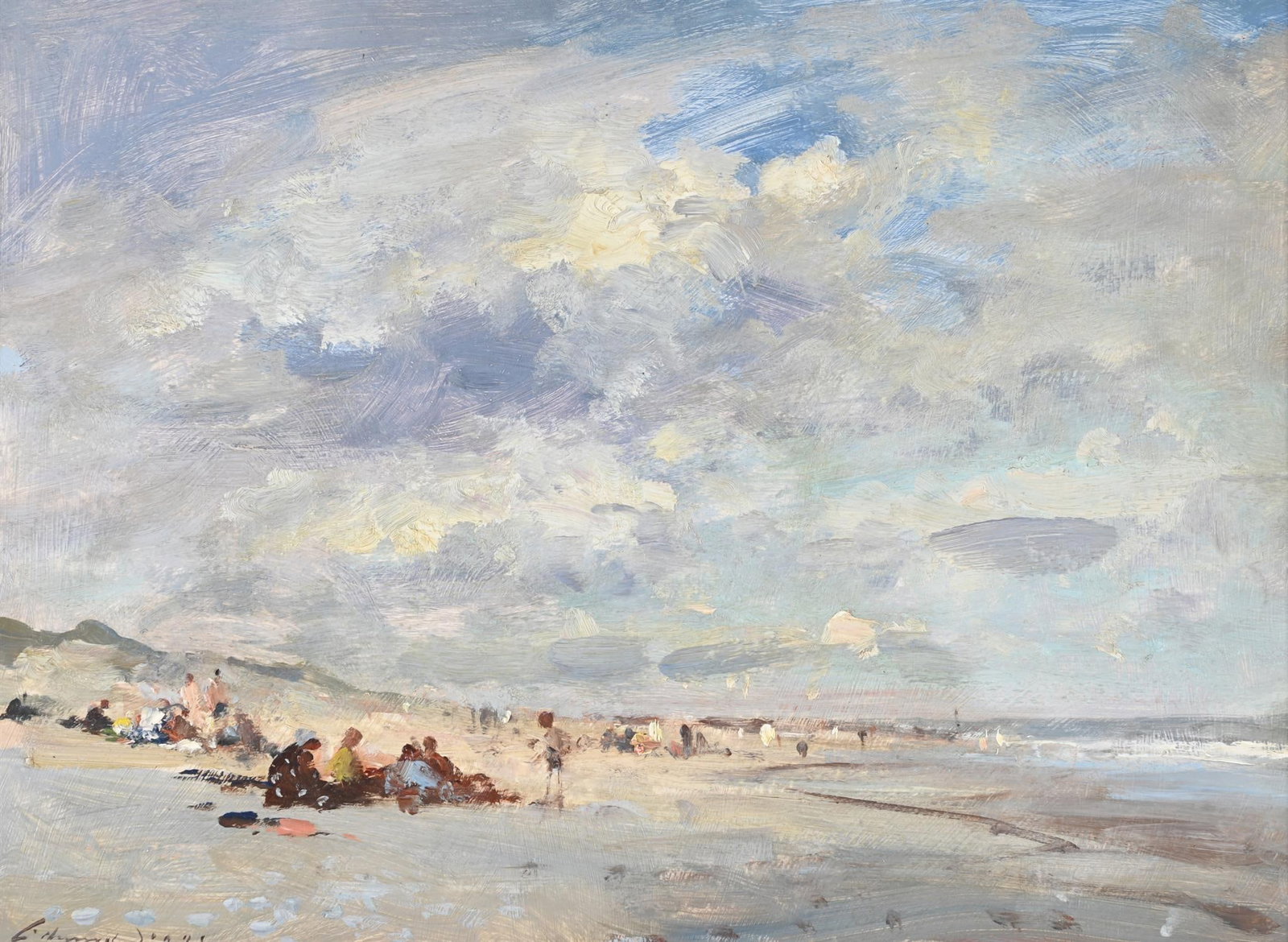 λ EDWARD SEAGO (BRITISH 1910-1974), THE BEACH AT PALLING, NORFOLK: λ EDWARD SEAGO (BRITISH 1910-1974)THE BEACH AT PALLING, NORFOLK Oil on boardSigned (lower left), titled (verso)30.5 x 40.5cm (12 x 15¾ in.)Provenance:The Taylor Gallery, London