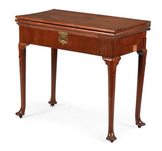 A GEORGE II MAHOGANY TRIPLE-FOLDING GAMES TABLE, MID 18TH CENTURY: A GEORGE II MAHOGANY TRIPLE-FOLDING GAMES TABLE