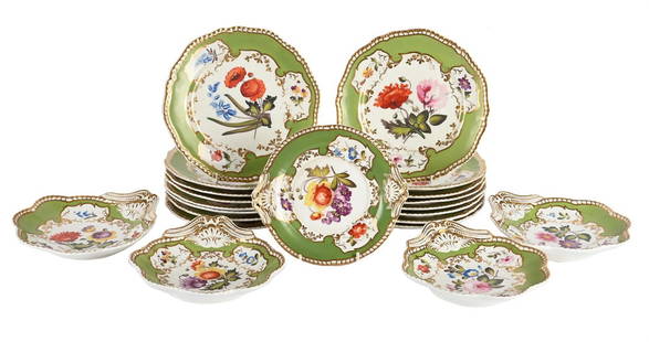 A SPODE FELSPAR PORCELAIN BOTANICAL PART DESSERT SERVICE, CIRCA 1830: A SPODE FELSPAR PORCELAIN BOTANICAL PART DESSERT SERVICE