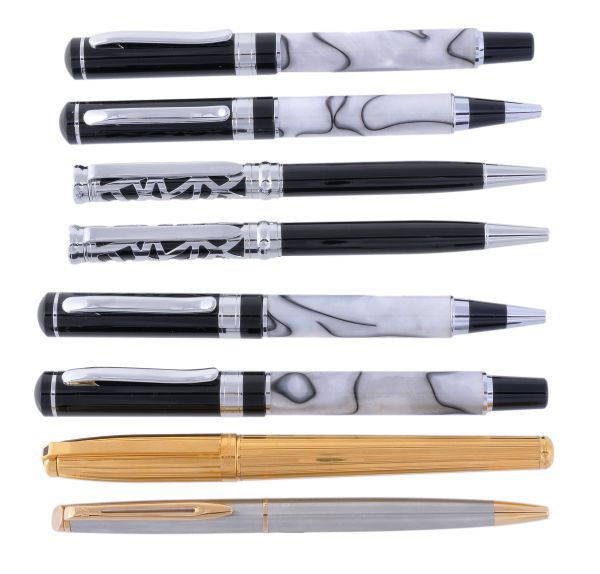 S. T. Dupont, a rollerball pen, in a reeded gold p: S. T. Dupont, a rollerball pen, in a reeded gold plated case, impressed 712; Waterman, a ballpoint pen, in a brushed steel and rolled gold case, boxed; Past Times, two marbled pen sets, comprising: a