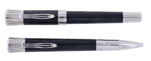 Montblanc, a Mark Twain Writers' Series limited ed: Montblanc, a Mark Twain Writers' Series limited edition ball point and rollerball pen, the dark blue and cream resin case with white metal mounts, ball point stamped 'IU2400862' and numbered 3637/1500