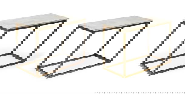 A PAIR OF WROUGHT IRON AND SUEDE SIDE TABLES, SECOND HALF 20TH CENTURY: A PAIR OF WROUGHT IRON AND SUEDE SIDE TABLESSECOND HALF 20TH CENTURY each 61cm high, 83cm wide, 45cm deep Provenance: Purchased from Hilary Batstone