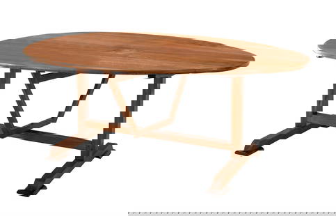 A FRUITWOOD, PROBABLY CHERRY, TABLE DE VENDANGE OR WINE-TASTING TABLE FRENCH, 19TH CENTURY: A FRUITWOOD, PROBABLY CHERRY, TABLE DE VENDANGE OR WINE-TASTING TABLE FRENCH, 19TH CENTURYWith tilt-top action79cm high, 210cm long, 58cm wideProvenance: Purchased from Sibyl Colefax & John Fowler