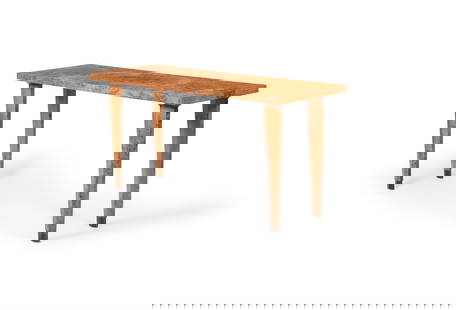 ROSE UNIACKE, A POLLARD OAK CONSOLE TABLE IN ART DECO STYLE, MODERN: ROSE UNIACKE, A POLLARD OAK CONSOLE TABLE IN ART DECO STYLE MODERNThe rectangular top above facetted tapering supportswith maker's label inset to the underside of the top 76cm high, 150cm wide, 51.5cm