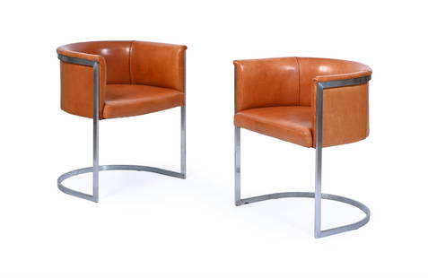A PAIR OF BROWN LEATHER AND CHROMED METAL ARMCHAIRS, LATE 20TH OR EARLY 21ST CENTURY: A PAIR OF BROWN LEATHER AND CHROMED METAL ARMCHAIRSLATE 20TH OR EARLY 21ST CENTURY69cm high, 61cm wide, 53cm deep Provenance: Purchased from Howe London Ltd.