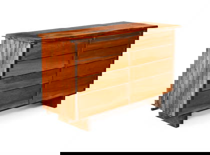 A WALNUT AND ELM CHEST OF DRAWERS, IN NAKASHIMA STYLE, LATE 20TH OR EARLY 21ST CENTURY: A WALNUT AND ELM CHEST OF DRAWERSNAKASHIMA STYLE, LATE 20TH OR EARLY 21ST CENTURY Of typical 'rough-hewn' construction 86cm high, 143cm wide, 51cm deep Provenance: Purchased from Rose Uniacke