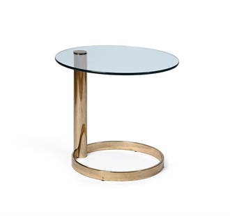 LEON ROSEN (AMERICAN) FOR PACE COLLECTION, A GLASS AND BRASS CIRCULAR OCCASIONAL TABLE, MODERN: LEON ROSEN (AMERICAN) FOR PACE COLLECTIONA GLASS AND BRASS CIRCULAR OCCASIONAL TABLE, MODERN Of cantilevered design 59cm high, 66cm diameter Provenance:Purchased from Patina Studio