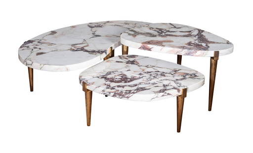 A GROUP OF THREE BRECHE VIOLETTE MARBLE LOW OCCASIONAL TABLES, DESIGNED BY PETER MIKIC, MODERN: A GROUP OF THREE BRECHE VIOLETTE MARBLE LOW OCCASIONAL TABLESDESIGNED BY PETER MIKIC, MODERNEach element on brass tapering legs to form a stepped low centre tablethe highest 45cm high, the lowest 31cm