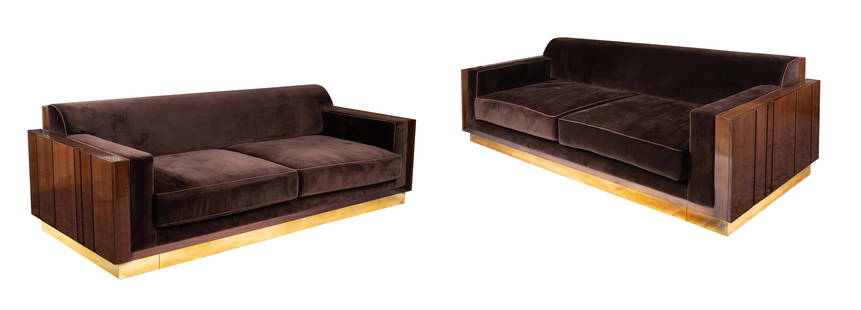 A PAIR OF BROWN UPHOLSTERED HUDSON STYLE SOFAS, DESIGNED BY PETER MIKIC, MODERN: A PAIR OF BROWN UPHOLSTERED HUDSON STYLE SOFASDESIGNED BY PETER MIKIC, MODERNeach 80cm high, 250cm wide, 118cm deep TOGETHER WITH a selection of cushions, all approximately 40 x 40cm (8)