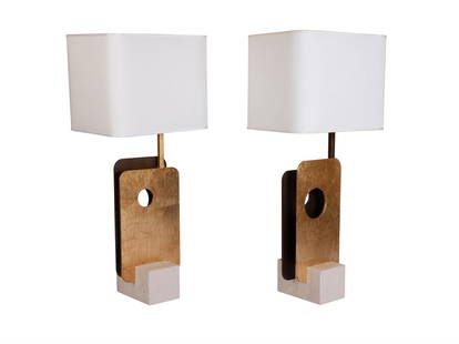 ESPERIA LUCI (ITALIAN), A PAIR OF 'DUE PIASTRE' TABLE LAMPS, MODERN: ESPERIA LUCI (ITALIAN) A PAIR OF 'DUE PIASTRE' TABLE LAMPS, MODERNWith composite stone bases, gold leaf and iron panels, and squared shadesMarks to bases74.5cm high, 10.5cm x 18cm at base