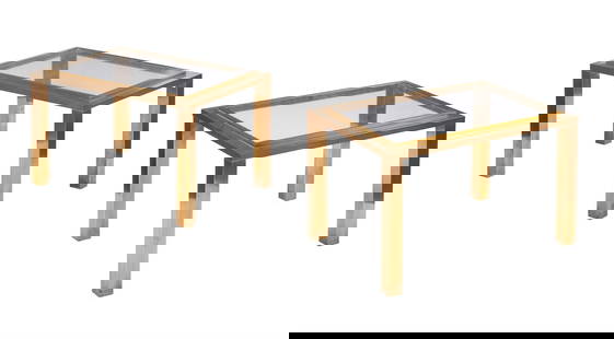 MANNER OF JEAN CHARLES (FRENCH), A PAIR OF BRASS AND GLASS LOW OCCASIONAL TABLES, MODERN: MANNER OF JEAN CHARLES (FRENCH) A PAIR OF BRASS AND GLASS LOW OCCASIONAL TABLESMODERNeach 37cm high, 60cm wide, 45cm deep