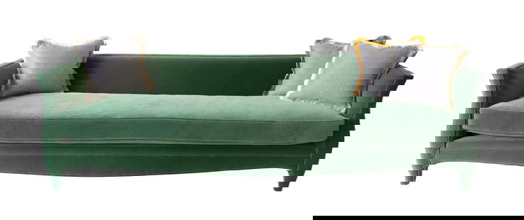 A GREEN VELVET UPHOLSTERED SOFA, MODERN: A GREEN VELVET UPHOLSTERED SOFAMODERN70cm high, 253cm wide, 75cm deepTOGETHER WITH Three striped and fringed pillows, 46 x 46cm