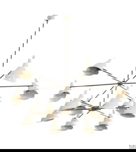 MANNER OF STILNOVO (ITALIAN), A PATINATED METAL AND ENAMEL TWELVE BRANCH CEILING LIGHT: MANNER OF STILNOVO (ITALIAN) A PATINATED METAL AND ENAMEL TWELVE BRANCH CEILING LIGHTSECOND HALF 20TH CENTURYThe lights arranged over two tiers of sixapproximately 165cm drop overall, 150cm wide Prove