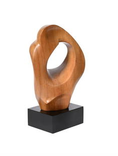 20TH CENTURY SCHOOL, UNTITLED (ABSTRACT FORM): 20TH CENTURY SCHOOLUNTITLED (ABSTRACT FORM)Carved wood Signed with initials IH to underside 23cm high, 28cm high inc. base, base 12.5 x 10 x 5cm