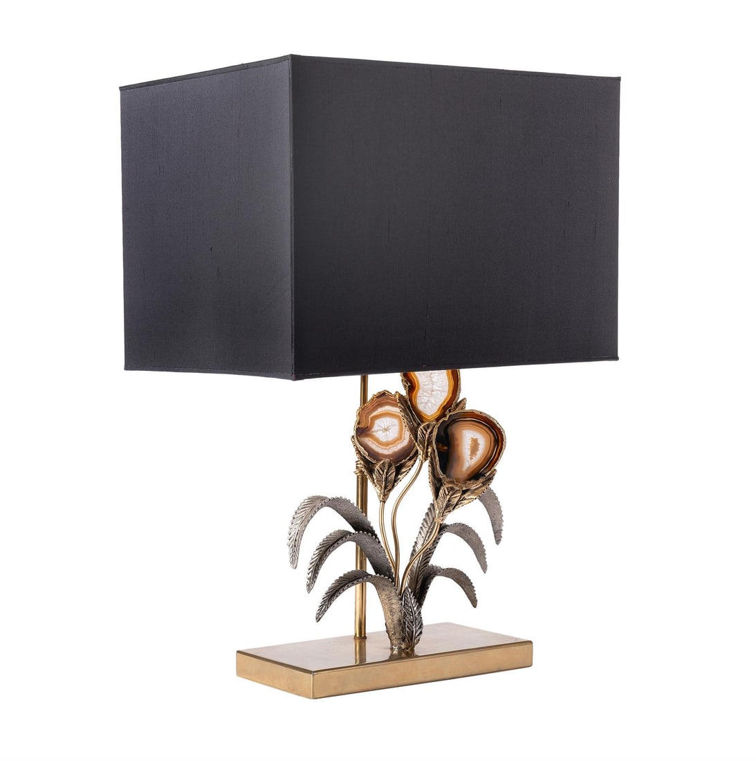 ATTRIBUTED TO JACQUES DUVAL-BRASSEUR (FRENCH, 1934-2021), A TABLE LAMP, SECOND HALF 20TH CENTURY: ATTRIBUTED TO JACQUES DUVAL-BRASSEUR (FRENCH, 1934-2021) A TABLE LAMPSECOND HALF 20TH CENTURYAgate and gilt metal and silvered metal leaves, with rectangular foil-lined shade.60cm high, base 27cm wide