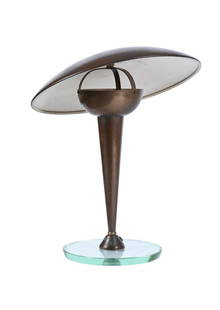 A TABLE LAMP, PROBABY ITALIAN, SECOND HALF 20TH CENTURY: A TABLE LAMP PROBABY ITALIAN, SECOND HALF 20TH CENTURYDomed metal shade and stem, on glass disc base40cm high, base 20cm diameter, shade 35cm diameter