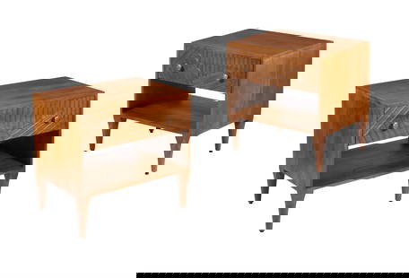 A PAIR OF HARDWOOD BEDSIDE TABLES WITH TEXTURED DRAWER SURFACE, LATE 20TH CENTURY: A PAIR OF HARDWOOD BEDSIDE TABLES WITH TEXTURED DRAWER SURFACELATE 20TH CENTURYeach 55cm high, 57cm wide, 40cm deep
