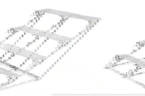 A WHITE PAINTED WROUGHT IRON FOUR TIER PLANT STAND, PROBABLY 19TH CENTURY: A WHITE PAINTED WROUGHT IRON FOUR TIER PLANT STANDPROBABLY 19TH CENTURY 79cm high, 108cm wide, 54cm deep