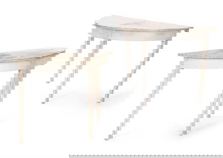 A PAIR OF GEORGE III LATER GREY PAINTED D-SHAPED SIDE TABLES, LATE 18TH/EARLY 19TH CENTURY: A PAIR OF GEORGE III LATER GREY PAINTED D-SHAPED SIDE TABLESLATE 18TH/EARLY 19TH CENTURY 71.5cm high, 104cm wide, 51cm deep