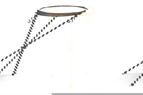 A BRASS CIRCULAR OCCASIONAL TABLE, PROBABLY FRENCH: A BRASS CIRCULAR OCCASIONAL TABLEPROBABLY FRENCH, MID 20TH CENTURYWith a white marble top on crossed legs 63cm high overall, 42cm diameter Together with an additional circular brass mounted mirrored r