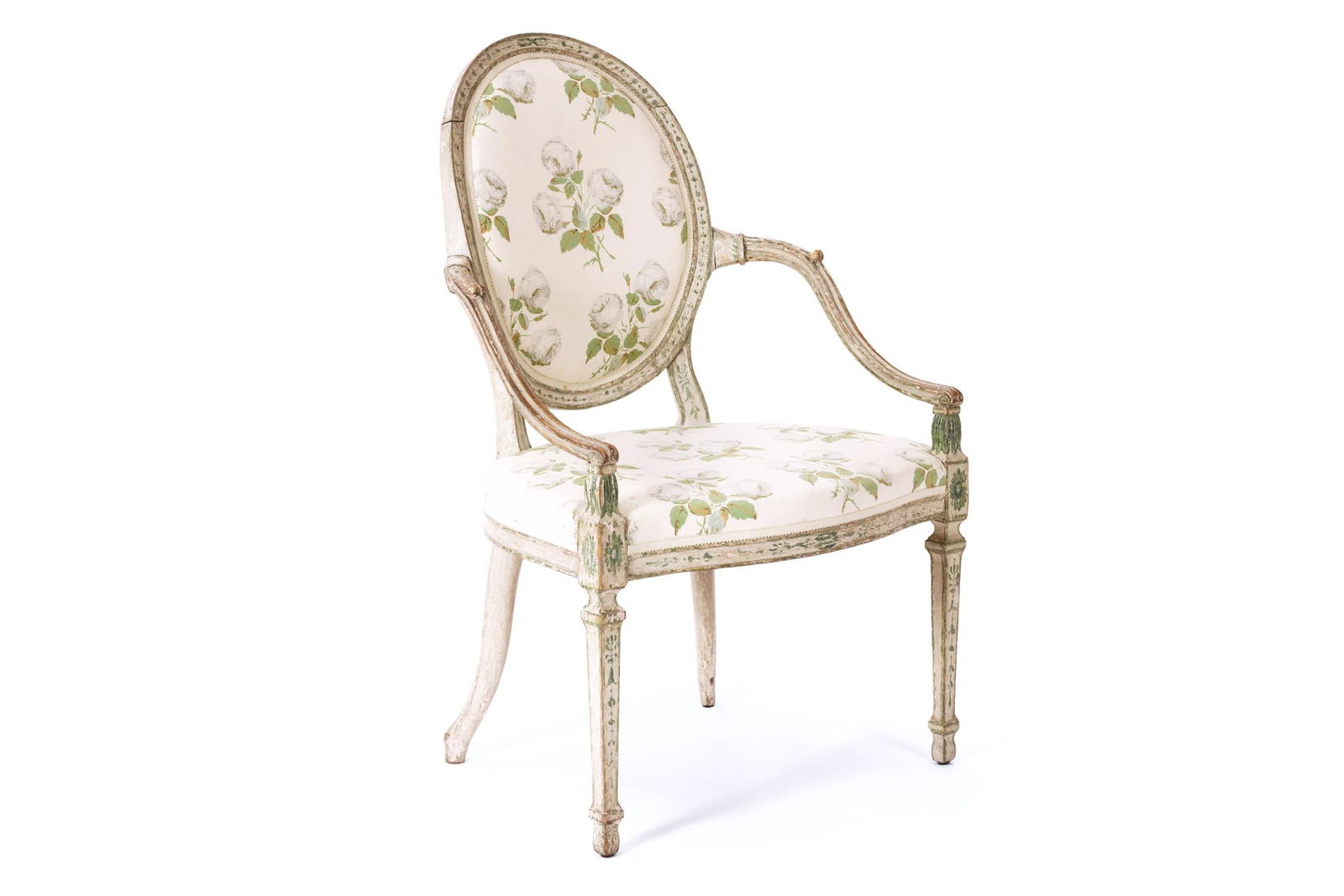 A GEORGE III GREEN AND CREAM PAINTED OPEN ARMCHAIR, LATE 18TH CENTURY (1 of 3)