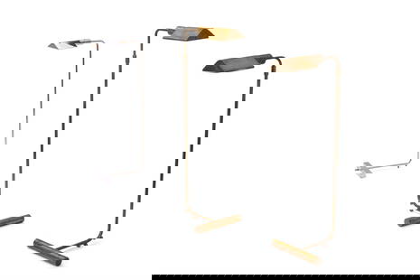 A PAIR OF LACQUERED BRASS ADJUSTABLE FLOOR LAMPS, BY COLLIER WEBB: A PAIR OF LACQUERED BRASS ADJUSTABLE FLOOR LAMPSBY COLLIER WEBB, MODERN133cm high fully extended and 97cm high unextended Together with a silvered example, By Sedric Hartman Inc USA, 92cm high unexten