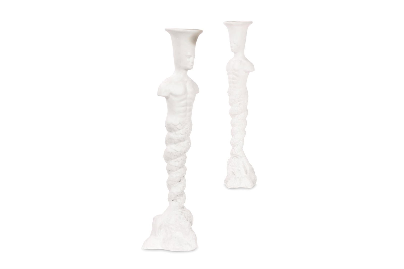 ORIEL HARWOOD (B. 1961) A PAIR OF MOULDED FIGURAL CANDLESTICKS: ORIEL HARWOOD (B. 1961) A PAIR OF MOULDED FIGURAL CANDLESTICKS Ceramic35cm high O. H. Impressed marks