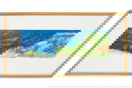 λ PETER COKER, R.A. (BRITISH 1926-2004), ETRETAT FROM THE CLIFF TOP, 1989: &#955; PETER COKER, R.A. (BRITISH 1926-2004)ETRETAT FROM THE CLIFF TOP, 1989Watercolour on two joined sheets Signed with initials 'PC' (lower right) and further signed and inscribed 'Peter Coker/4 Etr