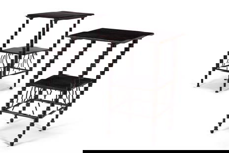 TWO LATE VICTORIAN AESTHETIC MOVEMENT EBONISED OCCASIONAL TABLES, AFTER A DESIGN BY E. W. GODWIN: TWO LATE VICTORIAN AESTHETIC MOVEMENT EBONISED OCCASIONAL TABLESAFTER A DESIGN BY E. W. GODWIN, LATE 19TH CENTURYOne with the tiny remains of a paper label to the underside66.5cm high, 41cm square and