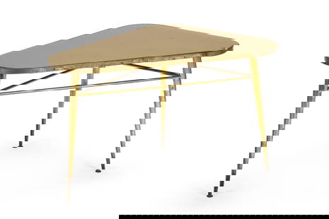 A BRASS AND GLASS OCCASIONAL TABLE, PROBABLY ITALIAN: A BRASS AND GLASS OCCASIONAL TABLE PROBABLY ITALIAN, MID 20TH CENTURYShaped top with inset glass on tapering legs joined by stretchers48.5cm high, 83cm long, 51 deep