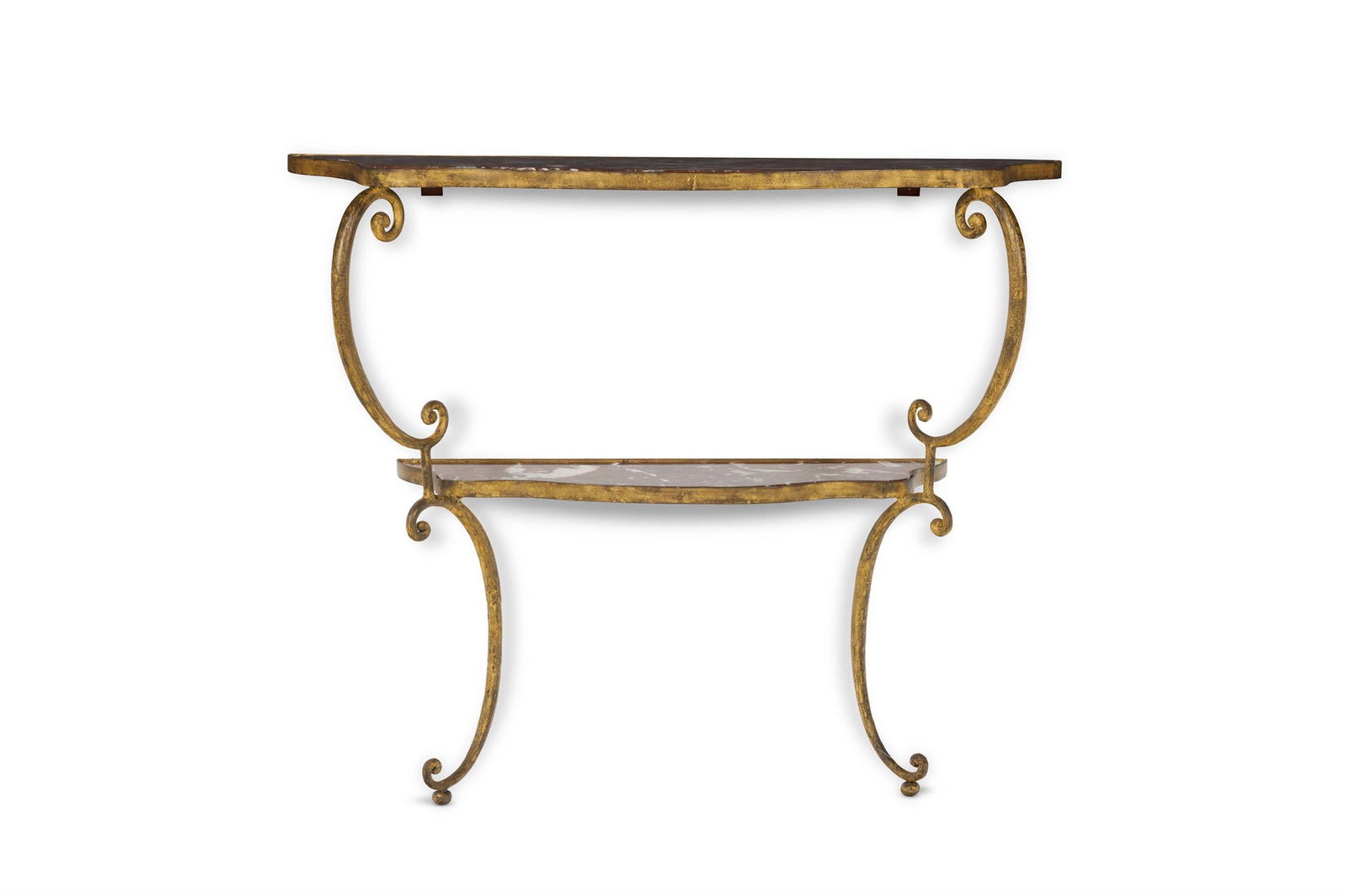 A GILDED IRON AND ROUGE MARBLE SERPENTINE CONSOLE TABLE, PROBABLY ITALIAN: A GILDED IRON AND ROUGE MARBLE SERPENTINE CONSOLE TABLEPROBABLY ITALIAN, MID 20TH CENTURYWith marble inset to both tiers between scroll supports 89cm high, 101.5cm wide, 36cm deep