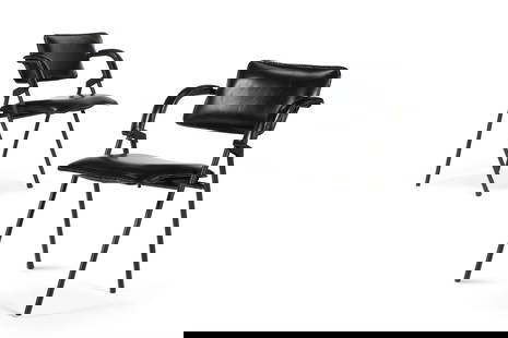 A PAIR OF BLACK LEATHER FOLDING ARMCHAIRS, ATTRIBUTED TO JACQUES ADNET (1900-1984): A PAIR OF BLACK LEATHER FOLDING ARMCHAIRSATTRIBUTED TO JACQUES ADNET (1900-1984), SECOND HALF 20TH CENTURYWith steel frames75cm high 56cm wide, 50cm deep