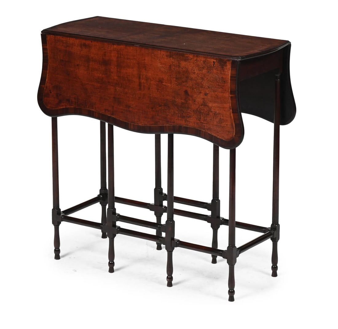 Y A GEORGE III MAHOGANY , SABICU AND CHEQUER BANDED 'SPIDER LEG' TABLE, CIRCA 1775: Y A GEORGE III MAHOGANY, SABICU AND CHEQUER BANDED 'SPIDER LEG' TABLE IN THE MANNER OF THOMAS CHIPPENDALE, CIRCA 1775The butterfly shaped top with hinged leaves to each side71.5cm high, 77cm wide (wit