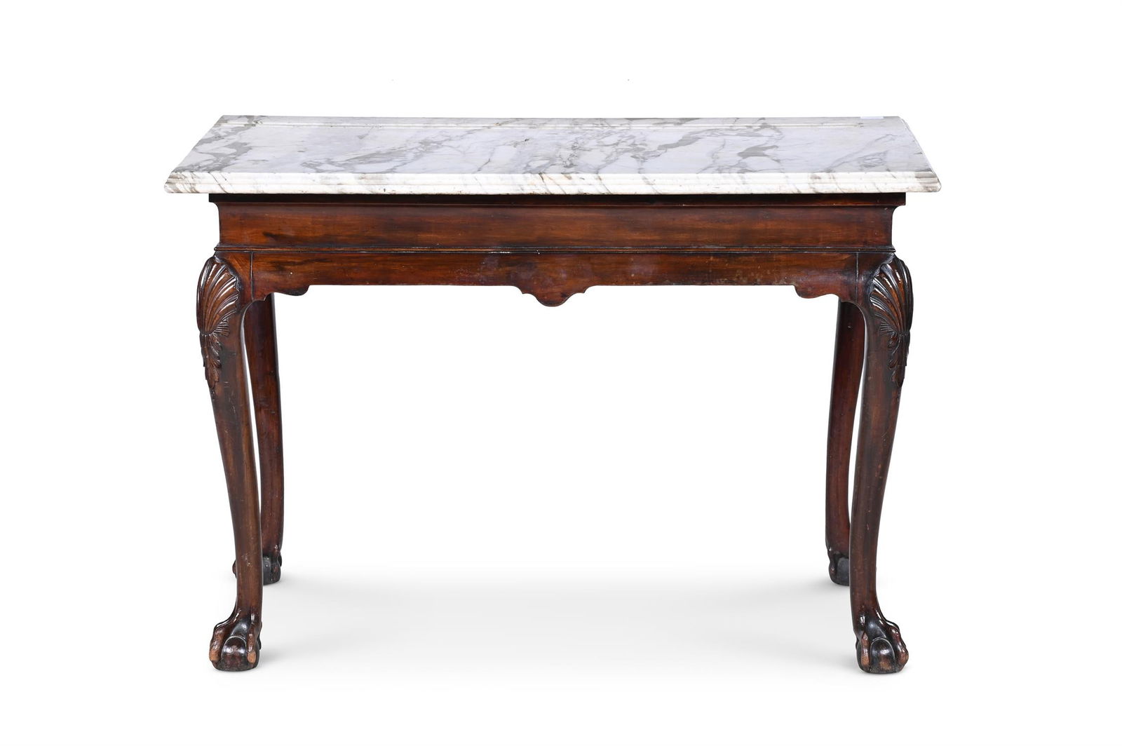 A GEORGE II CARVED MAHOGANY SIDE OR CONSOLE TABLE, CIRCA 1730: A GEORGE II CARVED MAHOGANY SIDE OR CONSOLE TABLECIRCA 1730With a variegated white and grey marble top79cm high, 117cm wide, 70cm deep
