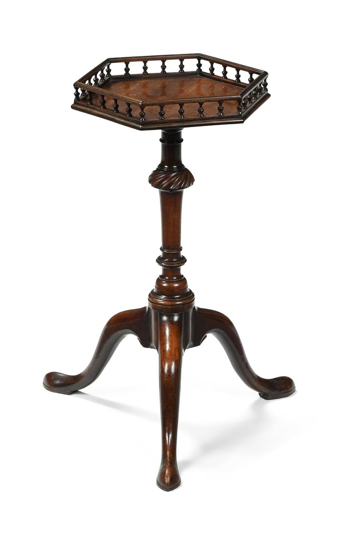 AN EARLY GEORGE III MAHOGANY CANDLESTAND OR TRIPOD TABLE, CIRCA 1760: AN EARLY GEORGE III MAHOGANY CANDLESTAND OR TRIPOD TABLECIRCA 1760The underside with sticker for 'LORD & LADY HARRIS, F-247' 58cm high, the hexagonal top 31 x 27cm