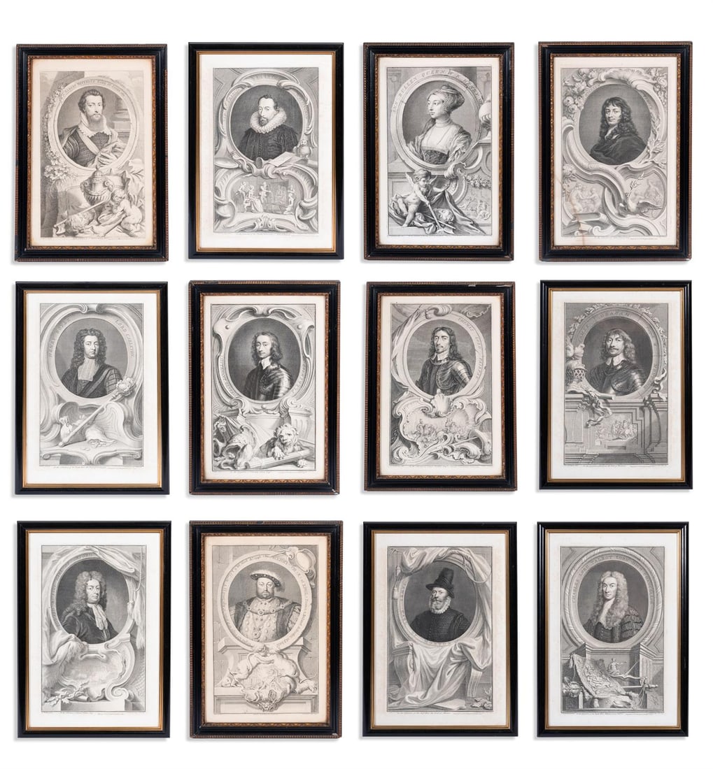 JACOBUS HOUBRAKEN (DUTCH, 1698-1780), A SET OF TWELVE PORTRAITS OF HISTORICAL NOTABLES: JACOBUS HOUBRAKEN (DUTCH, 1698-1780), A SET OF TWELVE PORTRAITS OF HISTORICAL NOTABLESEngravings, later set in glazed frames, after Kneller, Van Dyk, Oliver and otherseach 42cm x 28cm, the frames 47cm