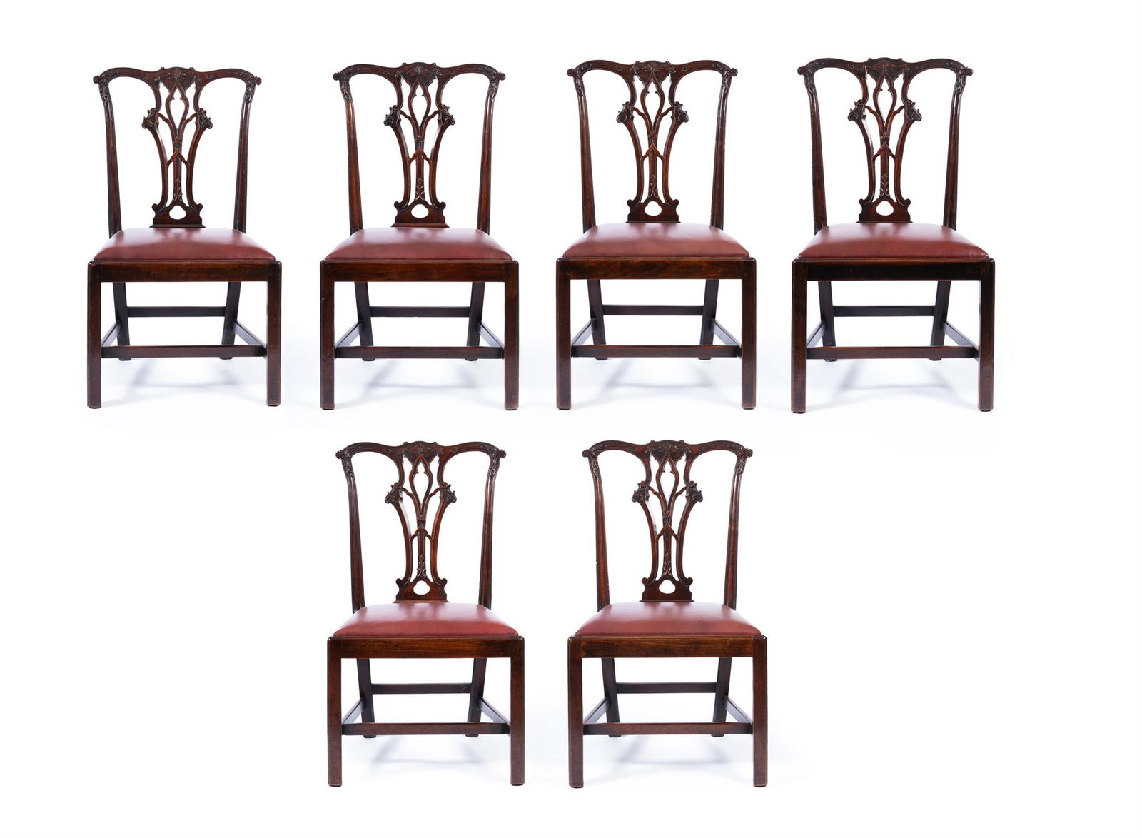 A SET OF SIX GEORGE III CARVED 'RED WALNUT' SIDE CHAIRS, CIRCA 1760: A SET OF SIX GEORGE III CARVED 'RED WALNUT' SIDE CHAIRSIN THE MANNER OF THOMAS CHIPPENDALE, CIRCA 1760each 95cm high, 54cm wide, 54cm deep overall Provenance:The Lynch House, Kensworth, the collection