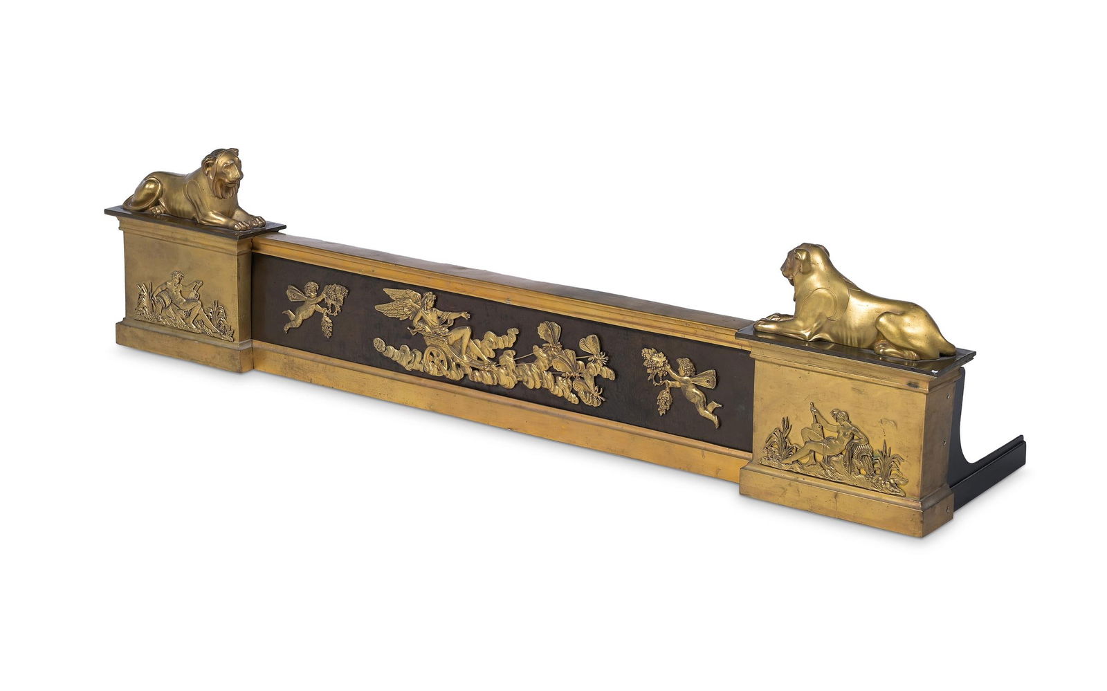 A FRENCH EMPIRE LACQUERED BRASS, AND GILT AND PATINATED BRONZE FENDER, EARLY 19TH CENTURY (1 of 4)
