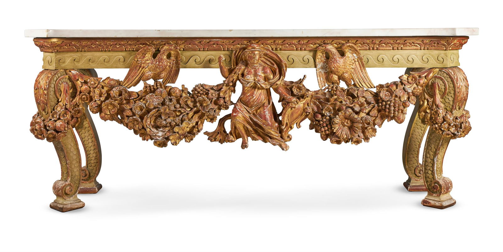 A LARGE CARVED GILTWOOD AND GREY PAINTED CONSOLE TABLE, IN GEORGE II STYLE, EARLY 20TH CENTURY: A LARGE CARVED GILTWOOD AND GREY PAINTED CONSOLE TABLEIN GEORGE II STYLE, IN THE MANNER OF WILLIAM KENT, EARLY 20TH CENTURYThe white marble top with projecting canted corners above a Vitruvian scroll