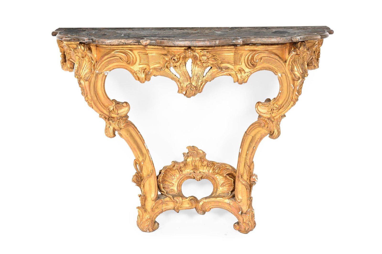 A LOUIS XV CARVED GILTWOOD CONSOLE TABLE, MID 18TH CENTURY: A LOUIS XV CARVED GILTWOOD CONSOLE TABLEMID 18TH CENTURY82cm high, 108cm wide, 52.5cm deep