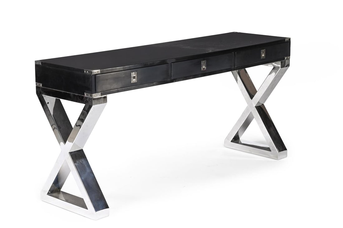 A BLACK LACQUERED AND CHROME X-FRAME CONSOLE TABLE, OF RECENT MANUFACTURE: A BLACK LACQUERED AND CHROME X-FRAME CONSOLE TABLE