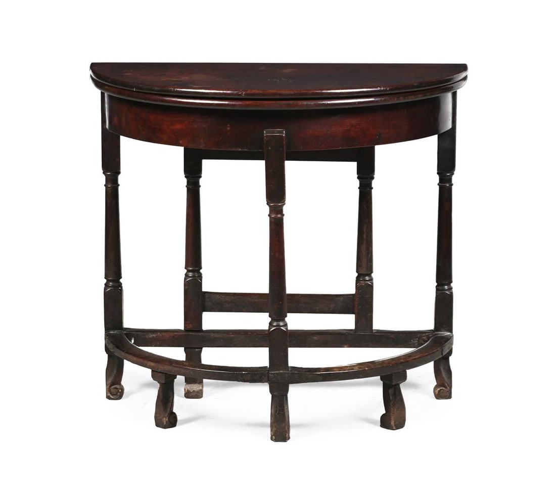A WILLIAM & MARY WALNUT TRIPLE FOLDING DEMI LUNE TEA TABLE,CIRCA 1690: A WILLIAM & MARY WALNUT TRIPLE FOLDING DEMI LUNE TEA TABLE