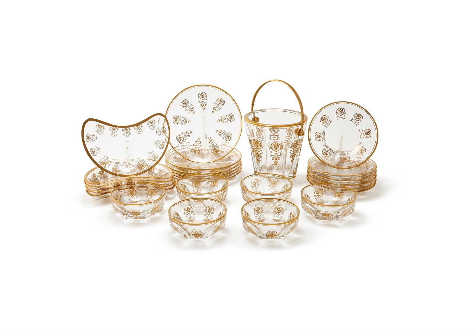 BACCARAT, EMPIRE, A PARCEL GILT AND GLASS PART SEAU A GLACE: BACCARAT, EMPIRE, A PARCEL GILT AND GLASS PART SEAU A GLACELORRAINE, FRANCE, MODERNWith gilt-metal swing handle, acid-etched mark, 15cm highTogether withFive crescent side platesSix bowls and standsan